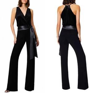 Ramy Brook Kenzy Velvet Silk Bodysuit Black Formal Jumpsuit 8 Wide Leg Chic